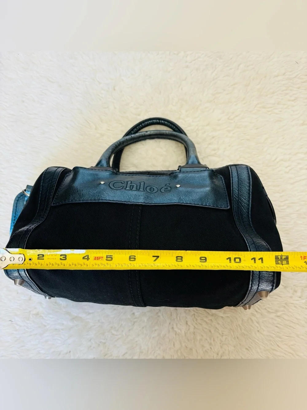 Chloe Metallic Blue Leather Black Canvas Handbag/Duffle Bag 12”x8”x7”